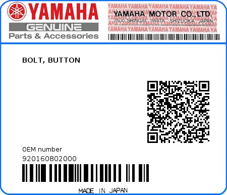Product image: Yamaha - 920160802000 - BOLT, BUTTON  0
