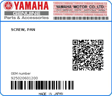 Product image: Yamaha - 925020601200 - SCREW, PAN  0