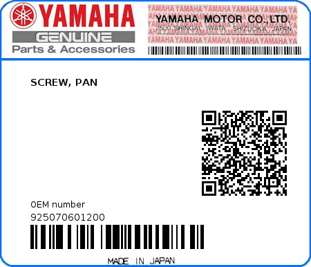 Product image: Yamaha - 925070601200 - SCREW, PAN  0