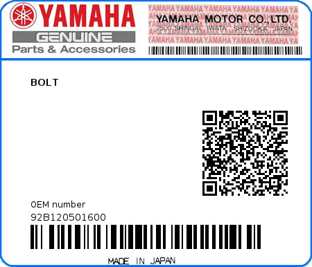 Product image: Yamaha - 92B120501600 - BOLT  0