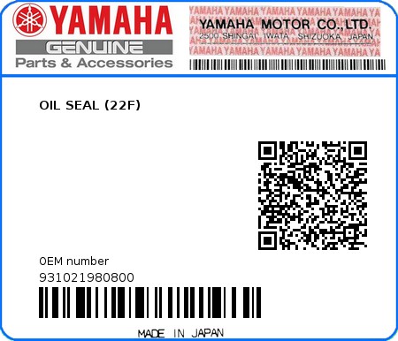 Product image: Yamaha - 931021980800 - OIL SEAL (22F)  0