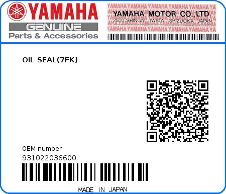 Product image: Yamaha - 931022036600 - OIL SEAL(7FK)  0