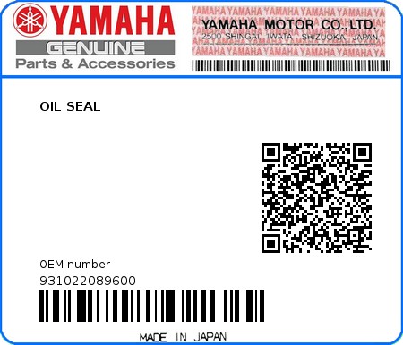Product image: Yamaha - 931022089600 - OIL SEAL  0