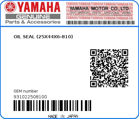 Product image: Yamaha - 931022508100 - OIL SEAL (25X44X6-810)  0