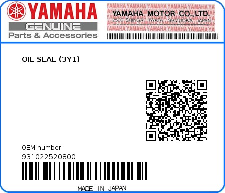 Product image: Yamaha - 931022520800 - OIL SEAL (3Y1)  0