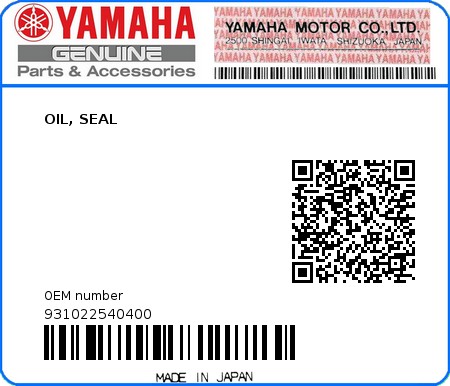 Product image: Yamaha - 931022540400 - OIL, SEAL   0