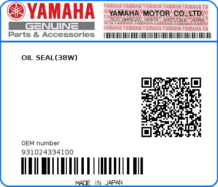 Product image: Yamaha - 931024334100 - OIL SEAL(38W)  0