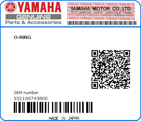 Product image: Yamaha - 932100743800 - O-RING  0