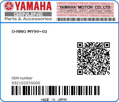 Product image: Yamaha - 93210207A000 - O-RING MY99~02  0