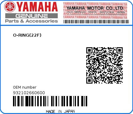 Product image: Yamaha - 932102660600 - O-RING(22F)  0