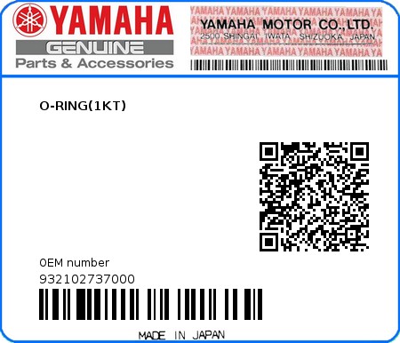 Product image: Yamaha - 932102737000 - O-RING(1KT)  0