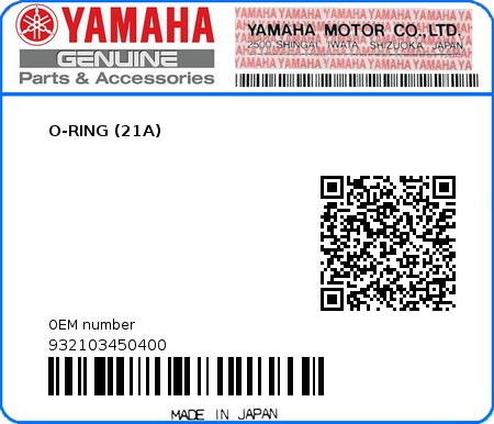 Product image: Yamaha - 932103450400 - O-RING (21A)  0