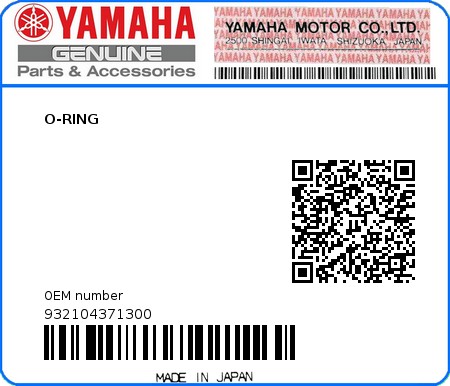 Product image: Yamaha - 932104371300 - O-RING   0