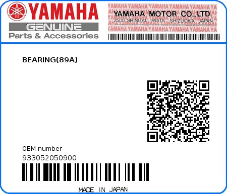 Product image: Yamaha - 933052050900 - BEARING(89A)  0