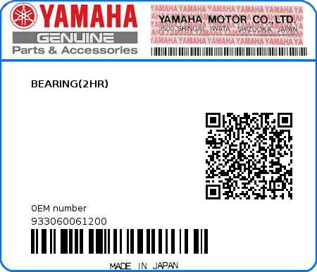 Product image: Yamaha - 933060061200 - BEARING(2HR)  0