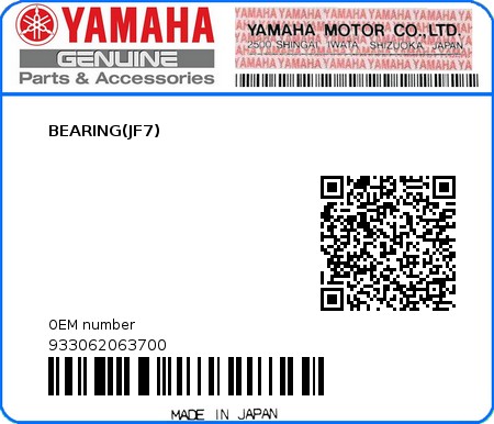 Product image: Yamaha - 933062063700 - BEARING(JF7)  0