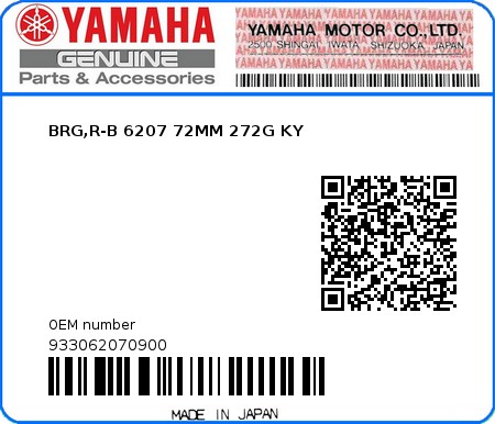 Product image: Yamaha - 933062070900 - BRG,R-B 6207 72MM 272G KY  0