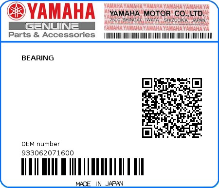 Product image: Yamaha - 933062071600 - BEARING   0