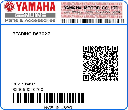 Product image: Yamaha - 933063020200 - BEARING B6302Z   0