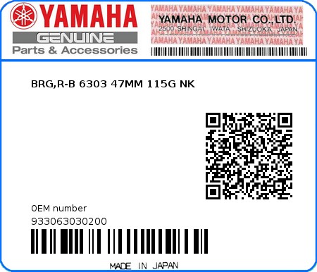 Product image: Yamaha - 933063030200 - BRG,R-B 6303 47MM 115G NK  0
