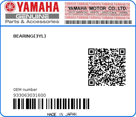 Product image: Yamaha - 933063031600 - BEARING(3YL)  0