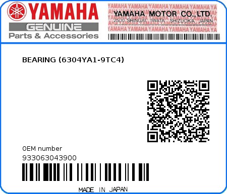 Product image: Yamaha - 933063043900 - BEARING (6304YA1-9TC4)  0