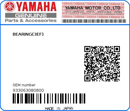 Product image: Yamaha - 933063080800 - BEARING(3EF)  0