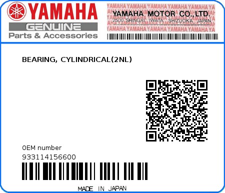 Product image: Yamaha - 933114156600 - BEARING, CYLINDRICAL(2NL)  0