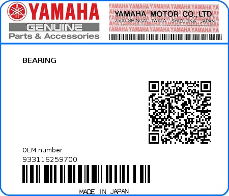 Product image: Yamaha - 933116259700 - BEARING  0