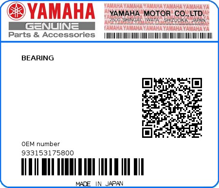 Product image: Yamaha - 933153175800 - BEARING  0