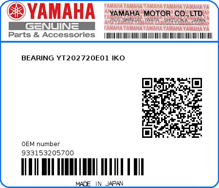 Product image: Yamaha - 933153205700 - BEARING YT202720E01 IKO  0