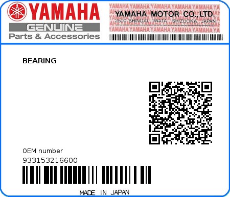 Product image: Yamaha - 933153216600 - BEARING  0