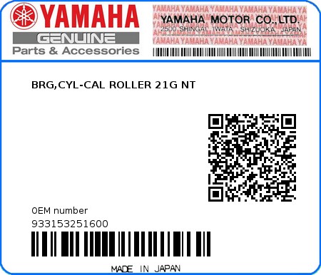 Product image: Yamaha - 933153251600 - BRG,CYL-CAL ROLLER 21G NT  0