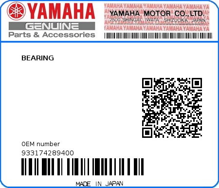 Product image: Yamaha - 933174289400 - BEARING  0
