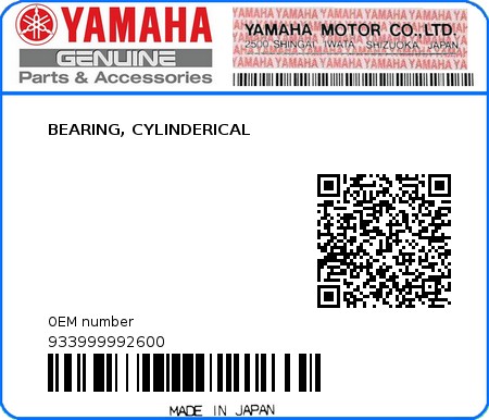 Product image: Yamaha - 933999992600 - BEARING, CYLINDERICAL   0