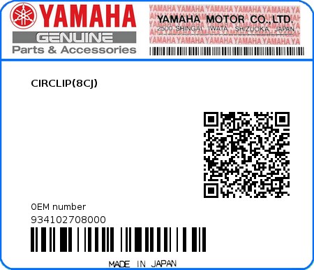 Product image: Yamaha - 934102708000 - CIRCLIP(8CJ)  0