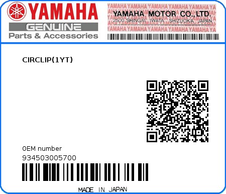 Product image: Yamaha - 934503005700 - CIRCLIP(1YT)  0