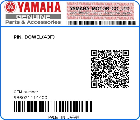 Product image: Yamaha - 936021114400 - PIN, DOWEL(43F)  0