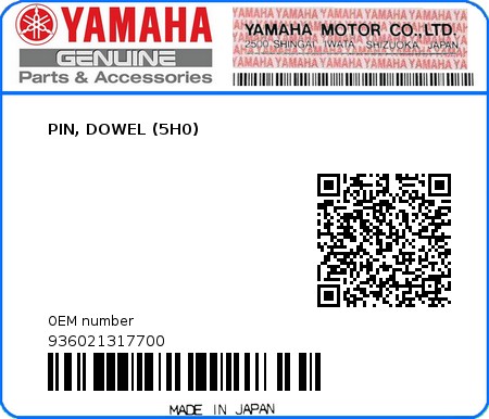 Product image: Yamaha - 936021317700 - PIN, DOWEL (5H0)  0