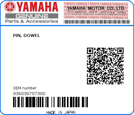Product image: Yamaha - 936030707300 - PIN, DOWEL  0