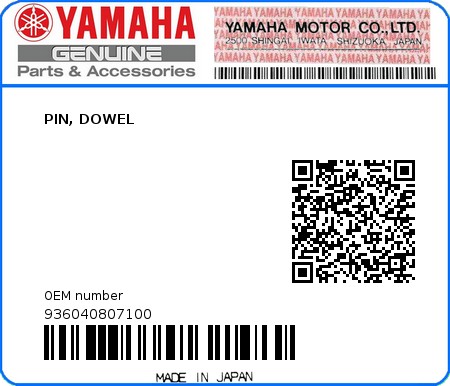 Product image: Yamaha - 936040807100 - PIN, DOWEL   0