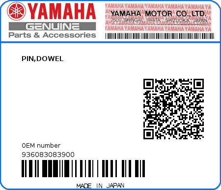 Product image: Yamaha - 936083083900 - PIN,DOWEL  0