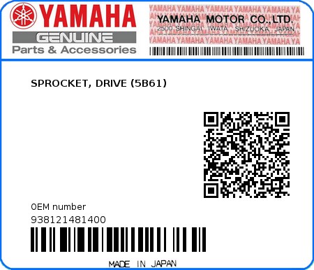 Product image: Yamaha - 938121481400 - SPROCKET, DRIVE (5B61)  0