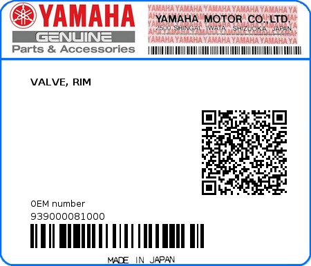 Product image: Yamaha - 939000081000 - VALVE, RIM  0