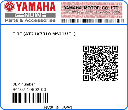 Product image: Yamaha - 94107-10802-00 - TIRE (AT21X7R10 MS21**TL)  0