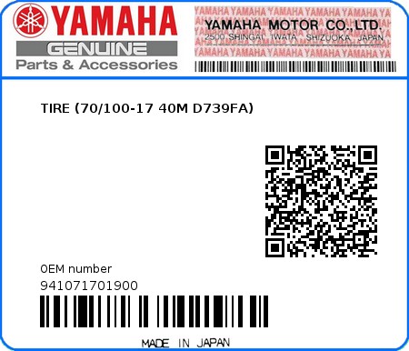 Product image: Yamaha - 941071701900 - TIRE (70/100-17 40M D739FA)  0