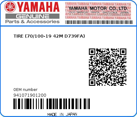 Product image: Yamaha - 941071901200 - TIRE (70/100-19 42M D739FA)  0