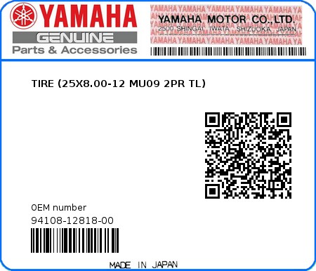 Product image: Yamaha - 94108-12818-00 - TIRE (25X8.00-12 MU09 2PR TL)  0
