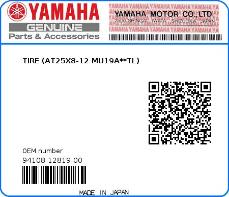 Product image: Yamaha - 94108-12819-00 - TIRE (AT25X8-12 MU19A**TL)  0