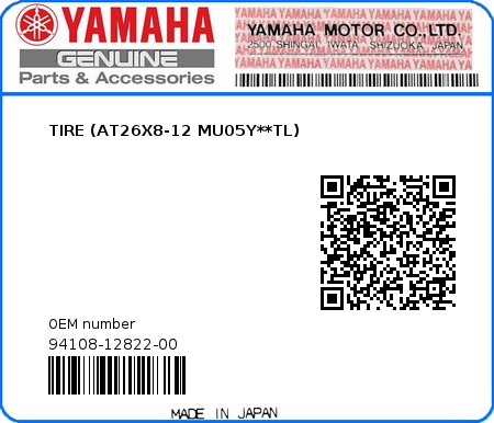 Product image: Yamaha - 94108-12822-00 - TIRE (AT26X8-12 MU05Y**TL)  0